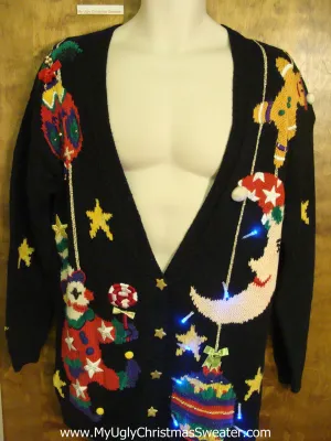 Scary Moon and Stars Tacky Xmas Sweater with Lights