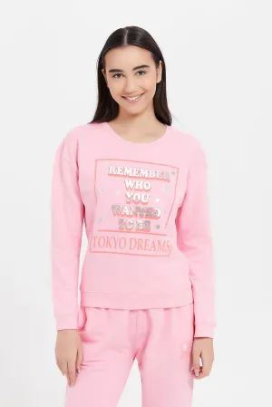 Senior Girls Pink Printed Sweatshirt