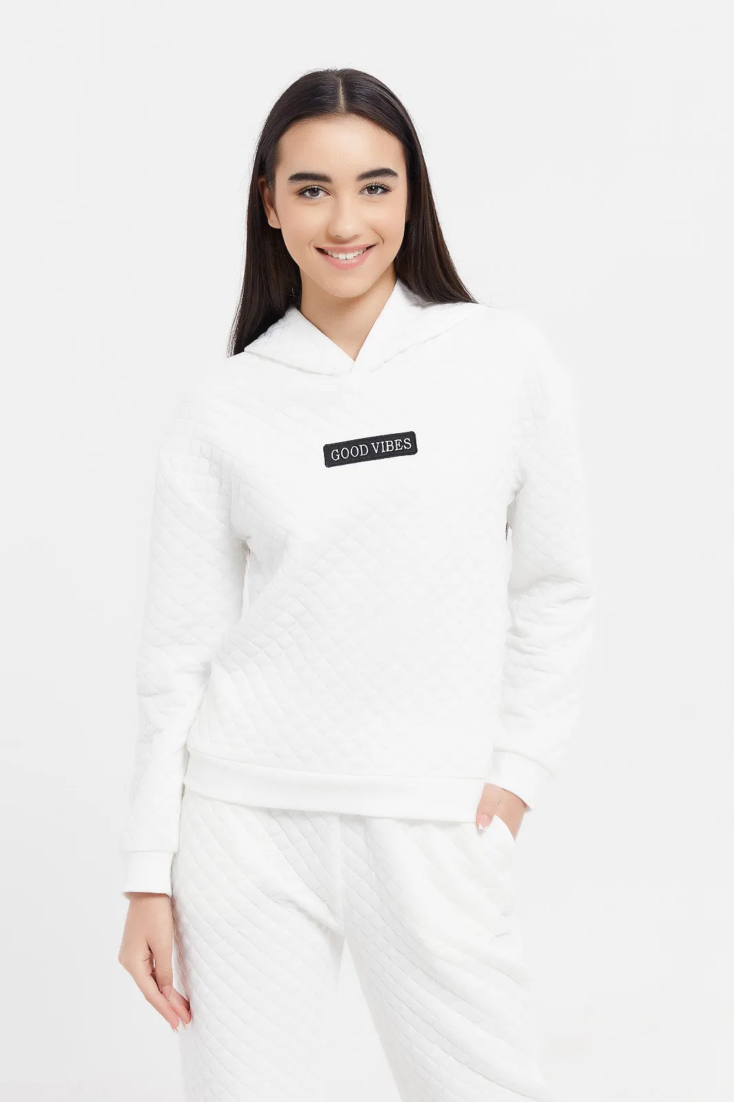 Senior Girls White Good Vibes Hooded Quilted Set (2 Piece)