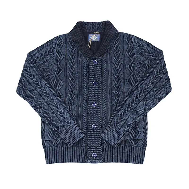 Shawl Collar Indigo Cotton Cardigan with Jacquard Pattern