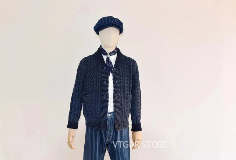 Shawl Collar Indigo Cotton Cardigan with Jacquard Pattern