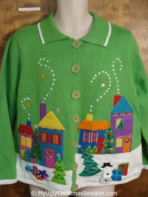 Tacky Bright Green Christmas Sweater with Winter Town