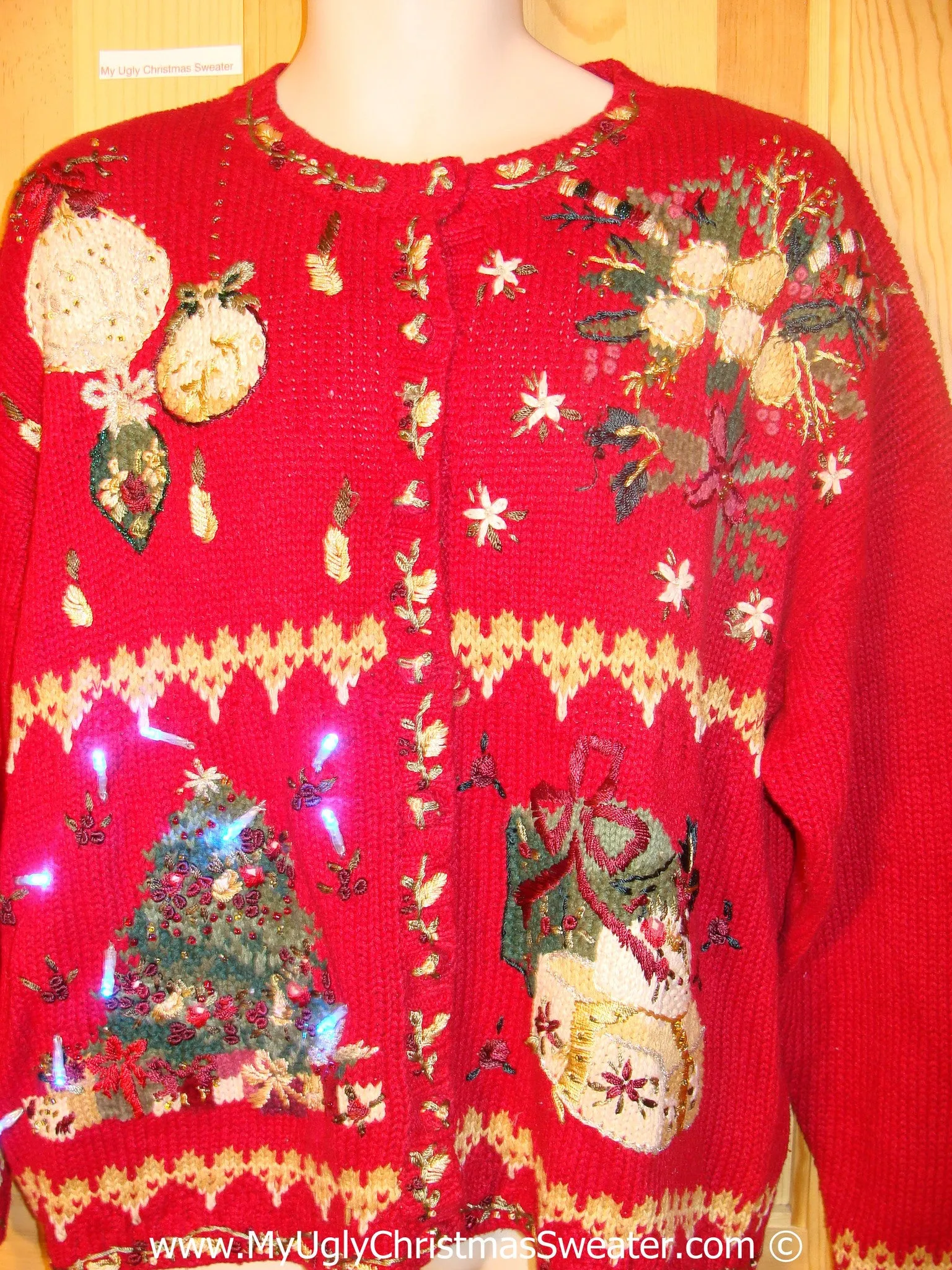 Tacky Red Xmas Sweater with Lights 80s Tree (g174)