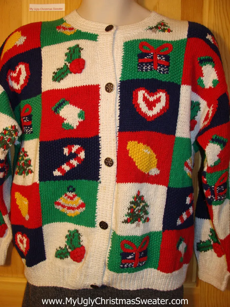 Tacky Vintage 80s Classic Ugly Christmas Sweater with Designs on Front and Back and  Padded Shoulders (f646)