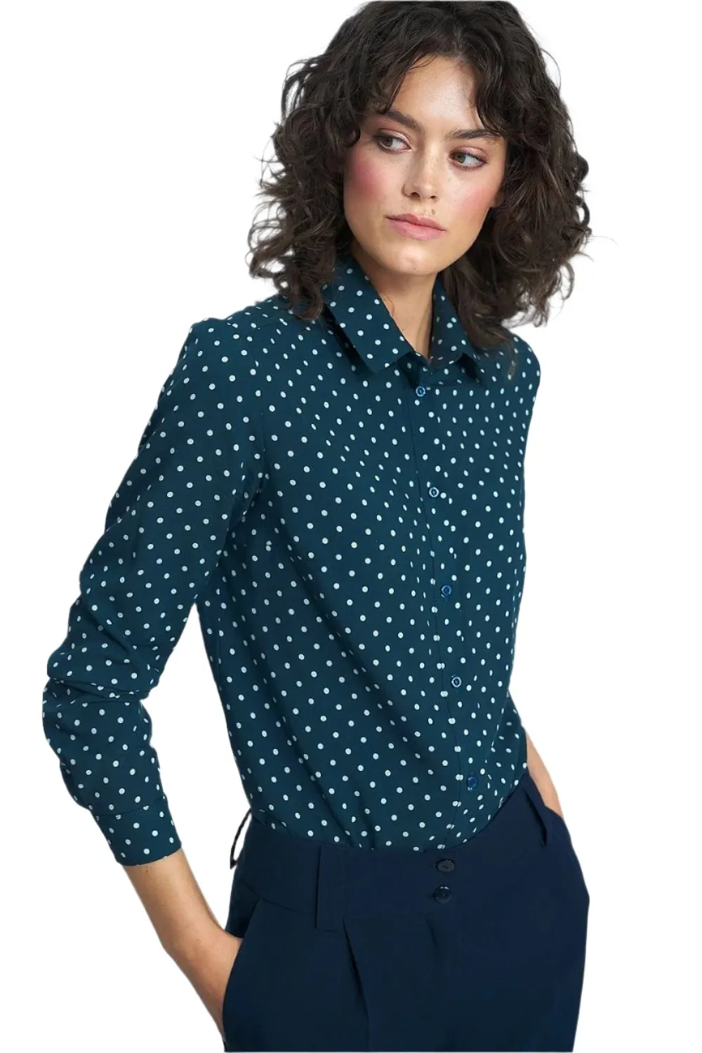 TEEK - Green Polka Dot Collared Buttoned Long Sleeve Shirt