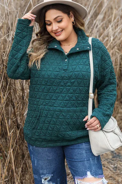 TEEK - Plus Size Teal Quarter Snap Quilted Sweatshirt