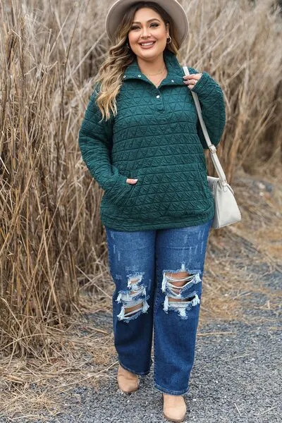 TEEK - Plus Size Teal Quarter Snap Quilted Sweatshirt