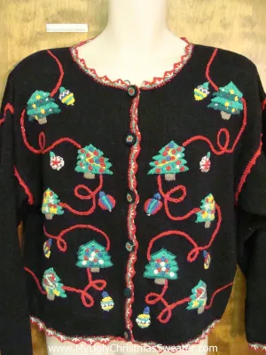 Trees and Red Yarn Ugly Christmas Sweater Cardigan