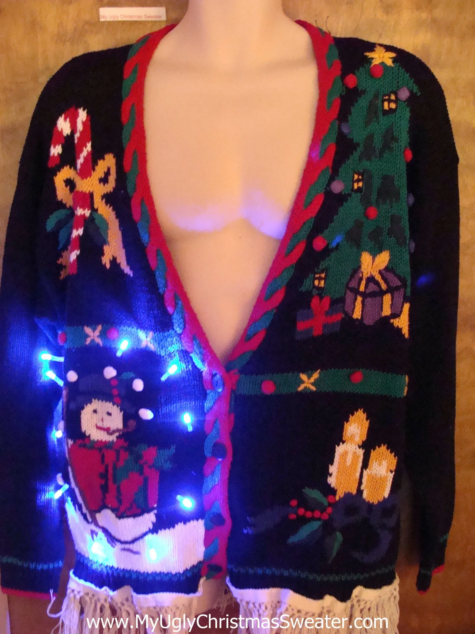 Ugly 80s Christmas Sweater with Lights and Dangling Fringe