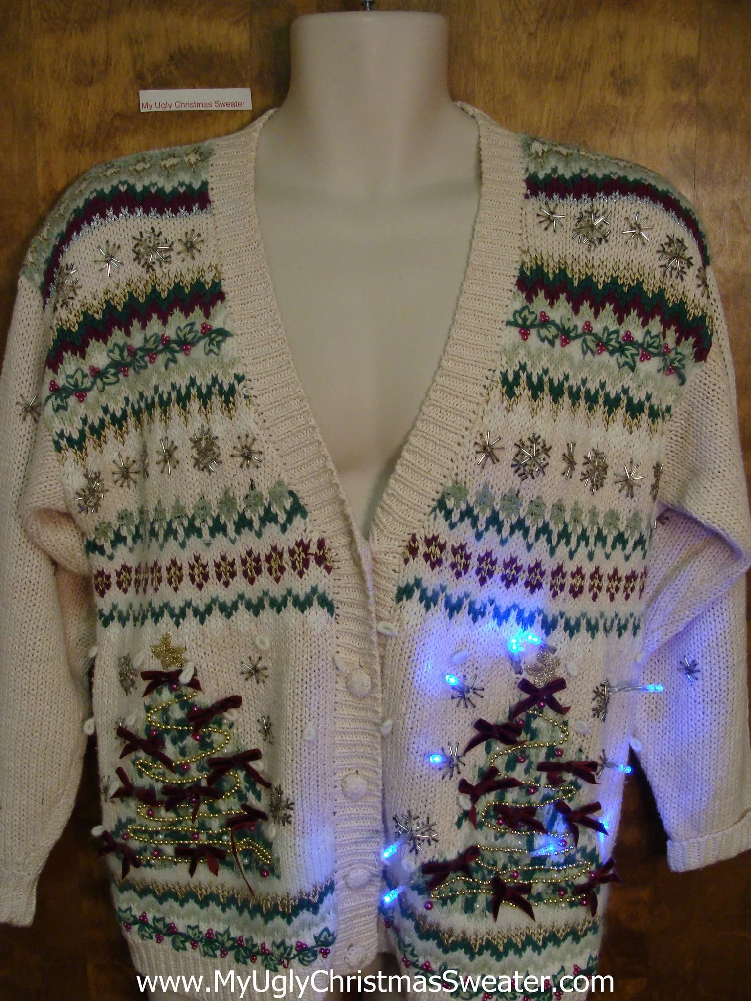 Ugly Christmas Sweater Cardigan with Twin Trees and Lights