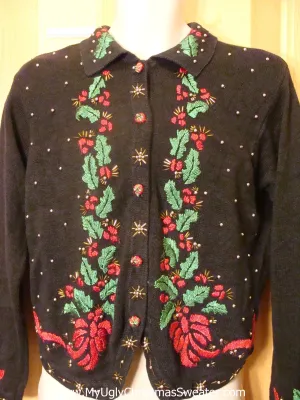 Ugly Christmas Sweater Red Bows Green Ivy Cardigan