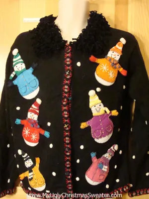 Ugly Christmas Sweater Wobbly Snowmen Furry Collar